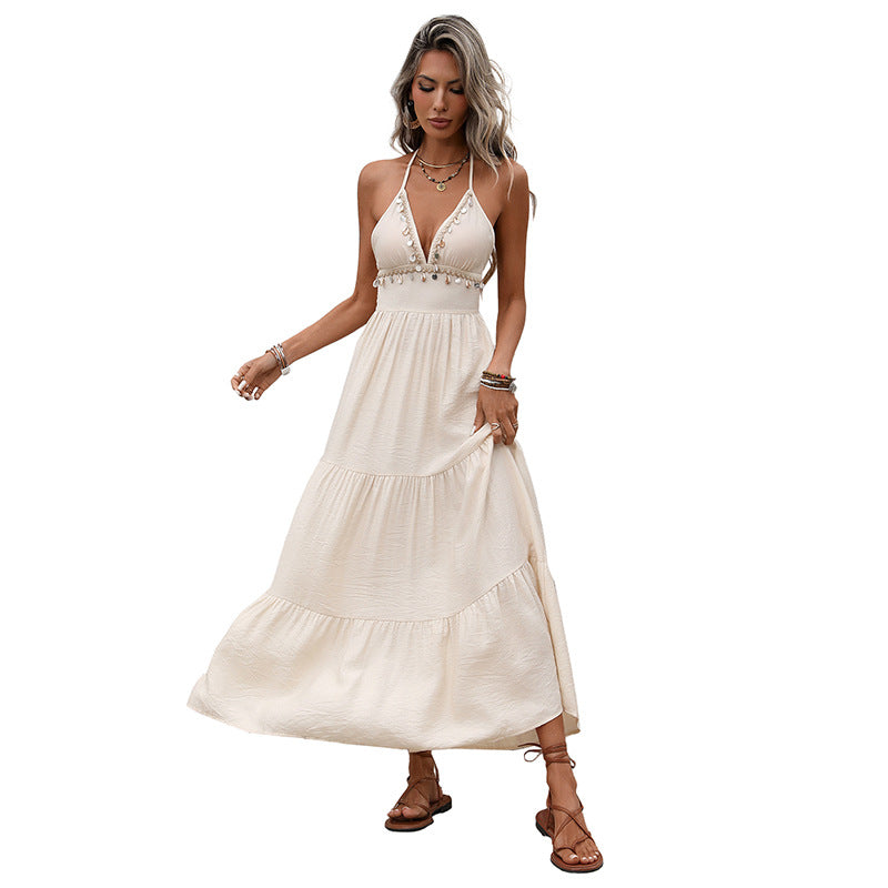 Resort-Style V-Neck Halterneck Lace-Up Dress