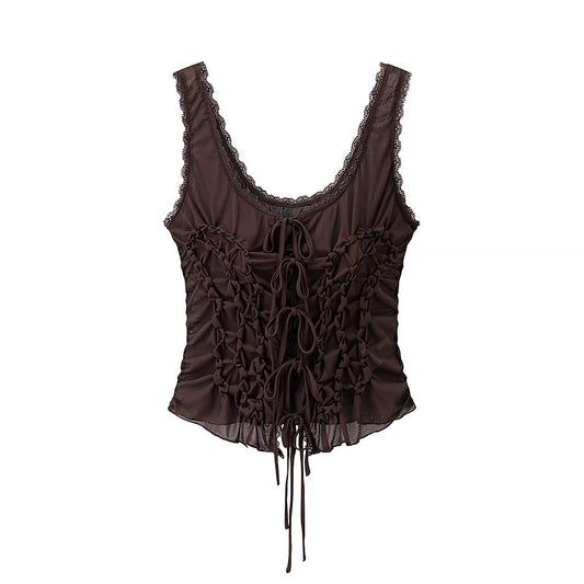 Womens Pleated Slim-Fit Camisole Top With Bow-Tie Straps