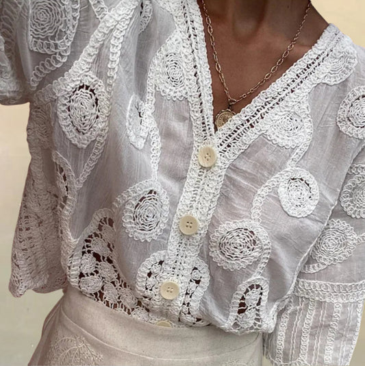 Fashion Sweet V-neck Single Breasted Loose T-shirt