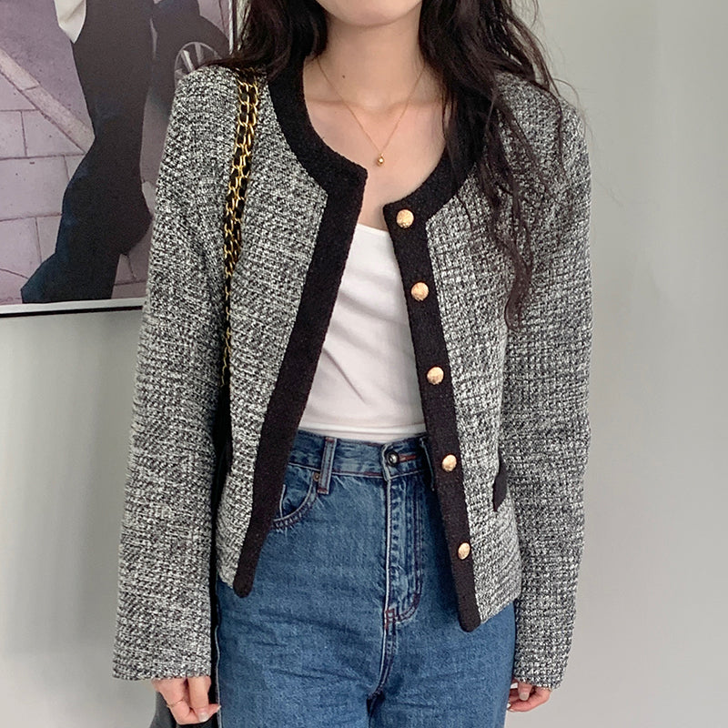 Vintage Round Neck Contrast Bonded Metal Single Breasted Coat