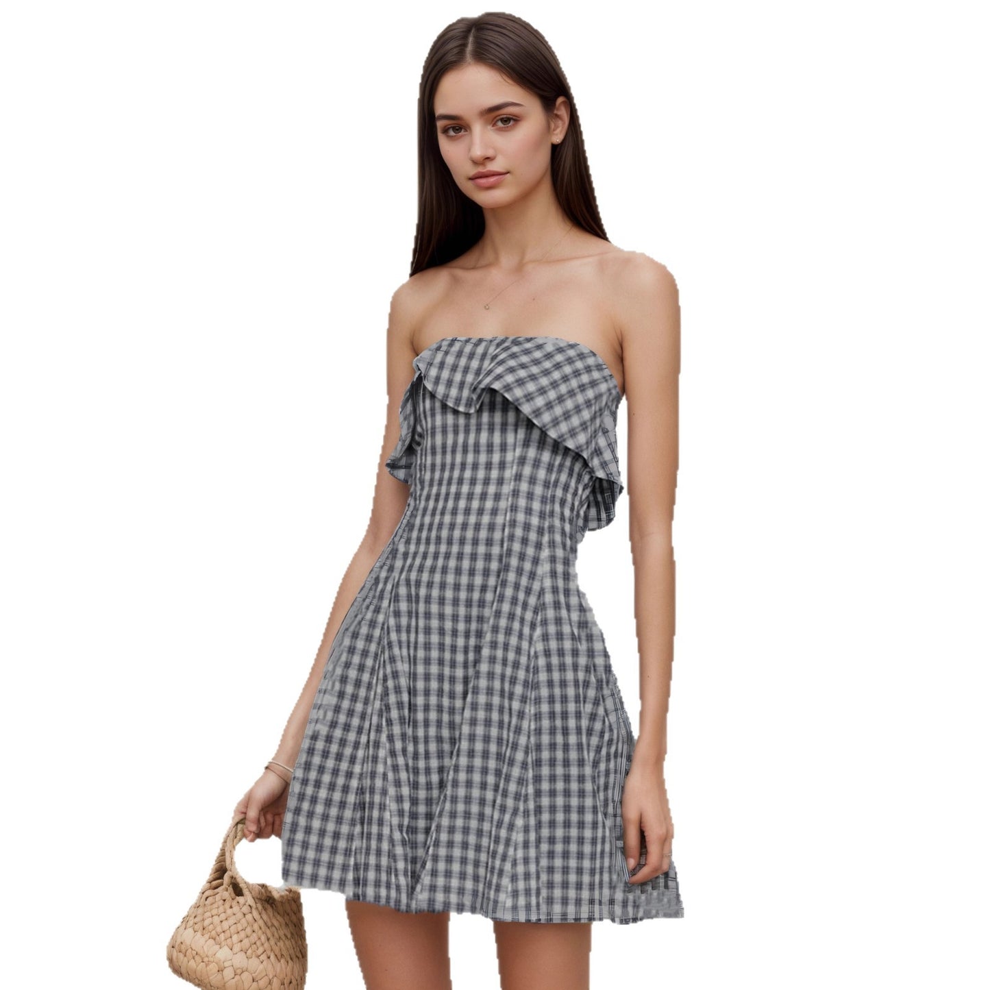 Retro, High-end Blue Plaid Tube Dress