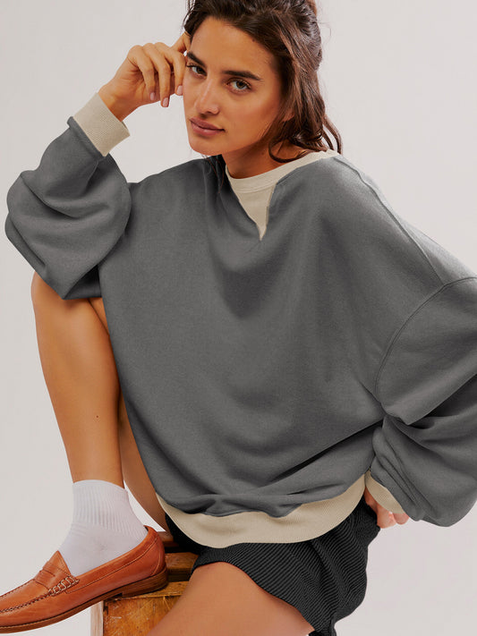Fashion Color-matching Pullover Sweatshirt Street Casual Løs Lygteærme Toppe Sport Dame Tøj