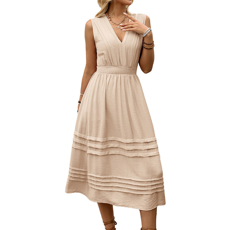 Solid-color Drawstring Sleeveless V-neck Dress With Elastic Waist