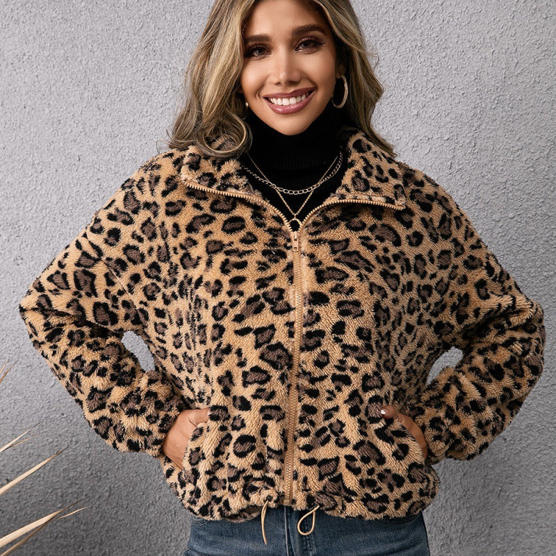 Ladies Leopard Print Lapel Zip Furry Jacket