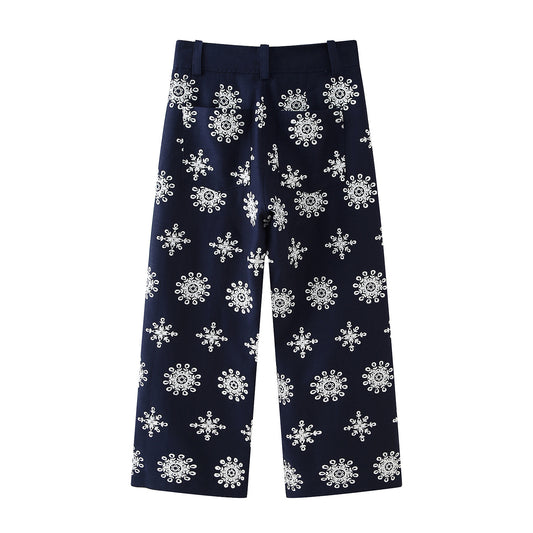 Color Block Embroidery Wide Leg Pants