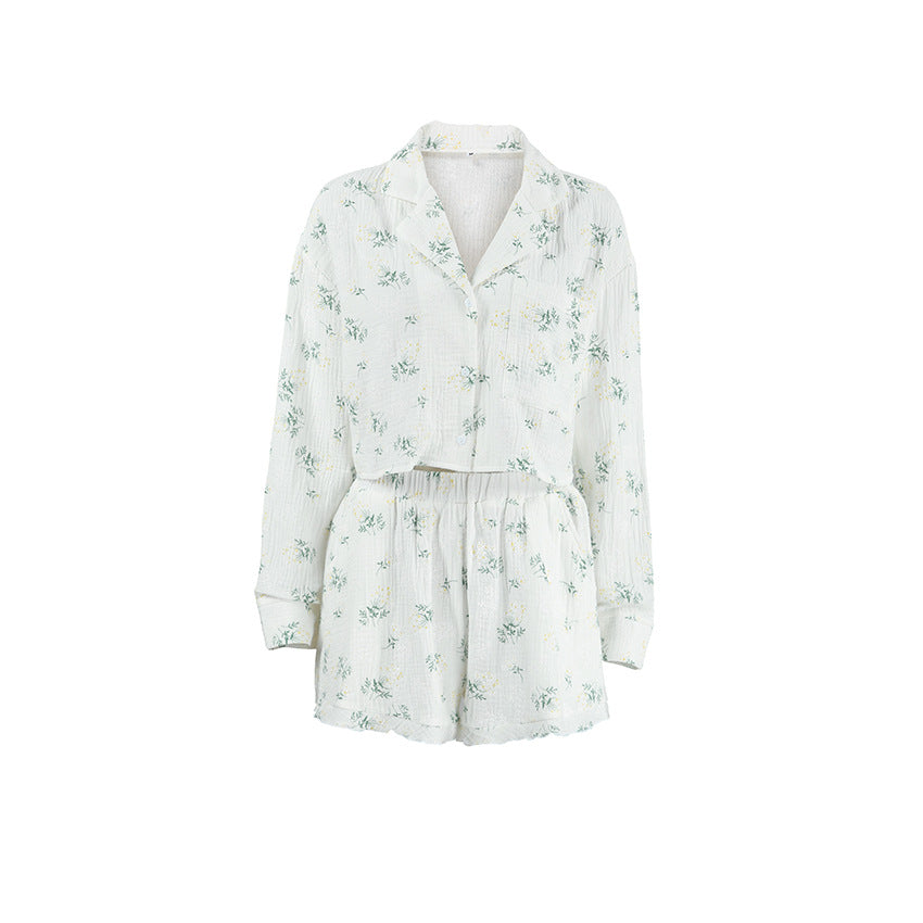 Printed Minimalist Light-Luxury Pajama Set With Long Sleeves And Shorts