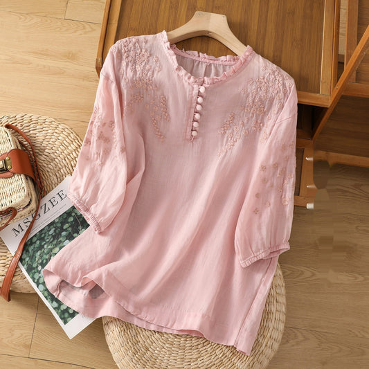 Ramie Women's Embroidered Lace Thin Cotton Linen Shirt