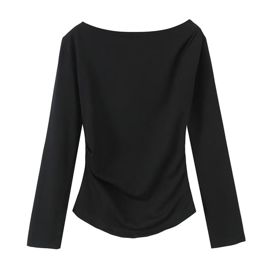 Spring New Simple And Versatile Long-sleeve Asymmetrical Elastic Top For Women With Pleats
