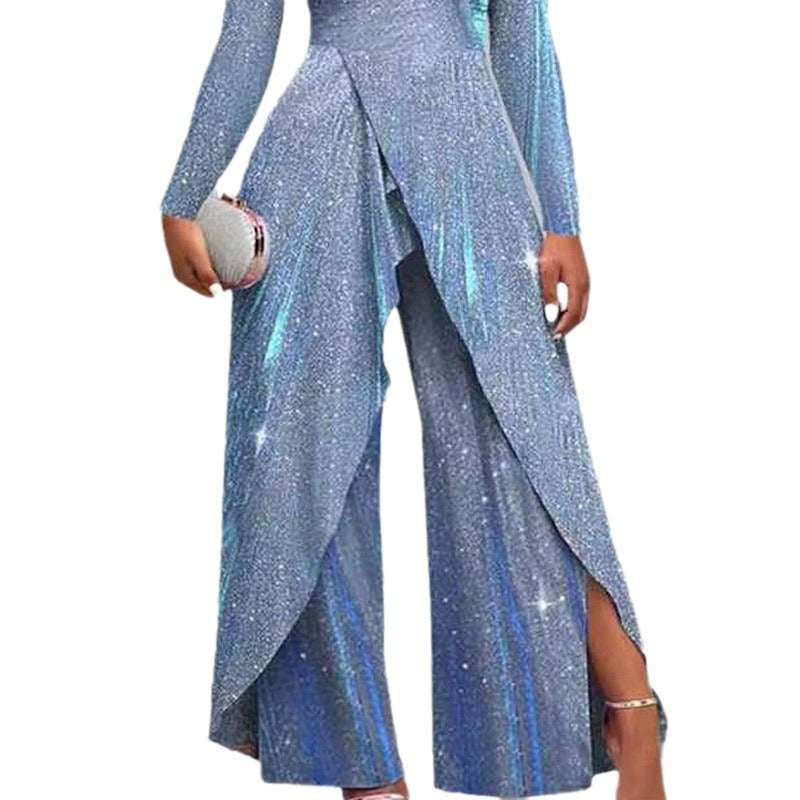 Europæisk og amerikansk mode sexet pailletlang nederdel diagonalt talje temperament pendler jumpsuit