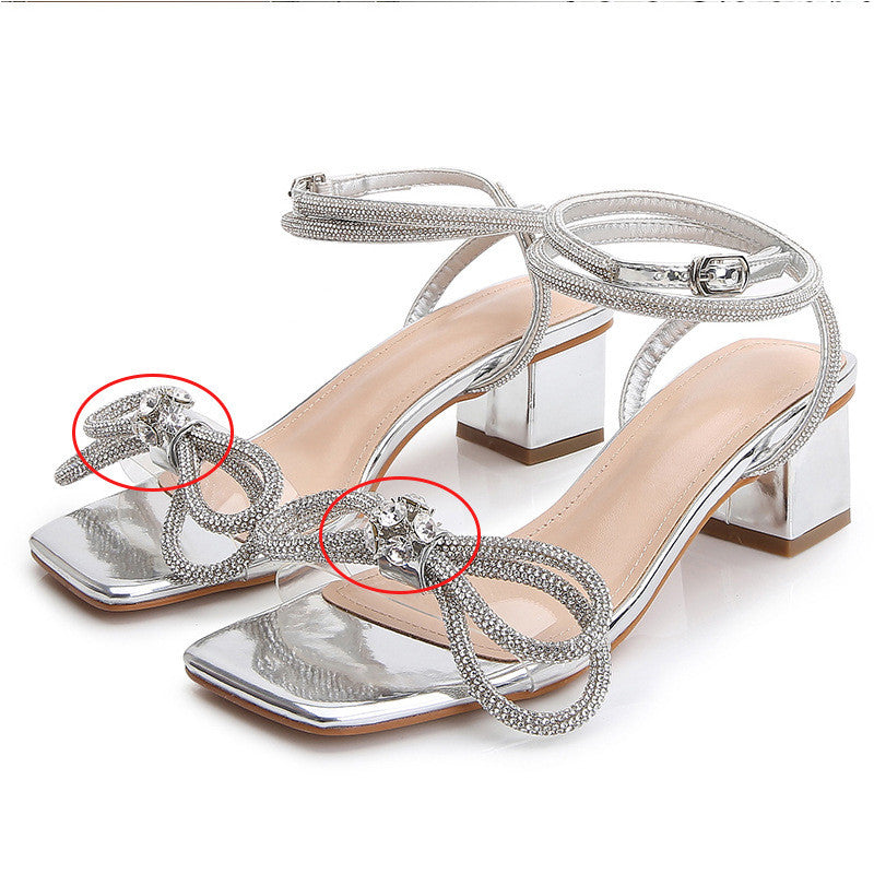 New Silver Rhinestone Bow High Heel Sandals