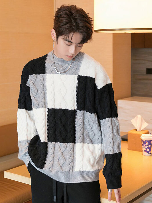 Crewneck Sweater Men's Checkerboard Senior Sense Loose Casual Thick