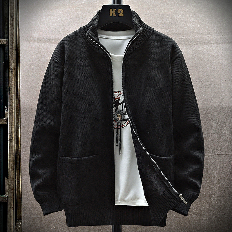 Autumn And Winter Leisure Fleece-lined Men's Cardigan Long Sleeve Youth Popularity Stand Collar Sweater
