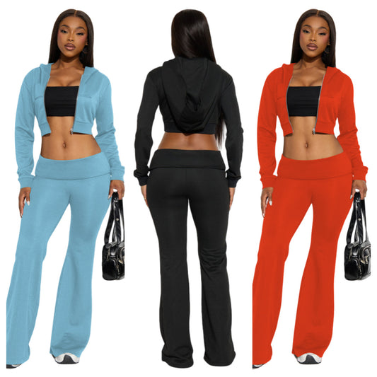 Stylish Casual Solid-color Two-piece Hoodie Cardigan Set