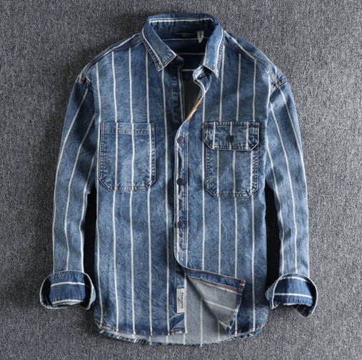 New Washed-and-distressed American-style Loose-fitting Striped Long-sleeve Shirt