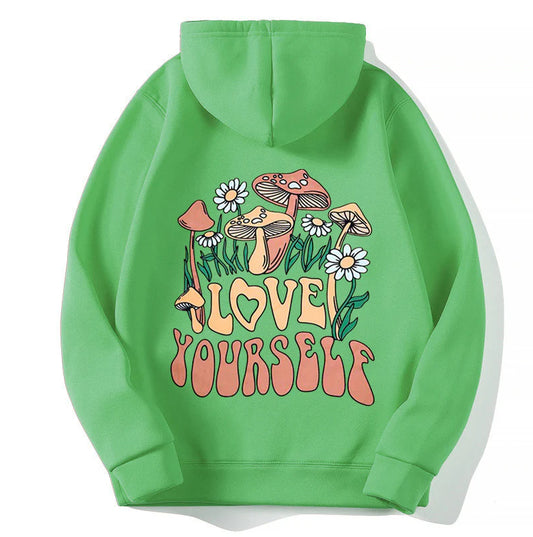 Drop-shoulder-ærmer Bogstaver LOVE YOURSELF Hættefleece-Sweatshirt