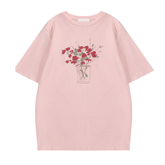 Women's Loose Rose Print Trendy Short Sleeve T-shirt