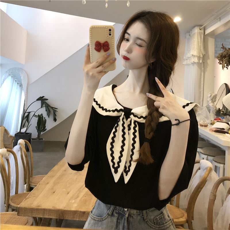 Short Sleeve Navy Collar Sweet Chic Top Prep Style