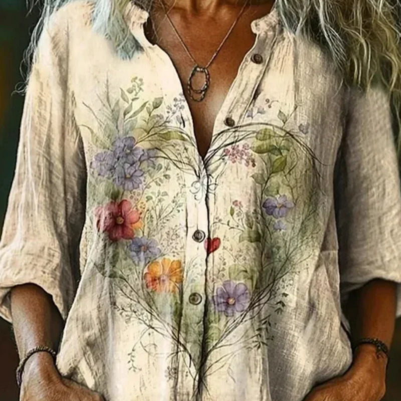 Women's Vintage Ethnic Floral Art Print Linen And Cotton V-neck Casual Shirt