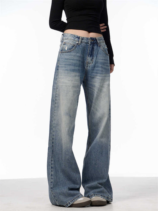Retro Vaskede Slidte Højtaljede Jeans til Kvinder, Blå Bukser