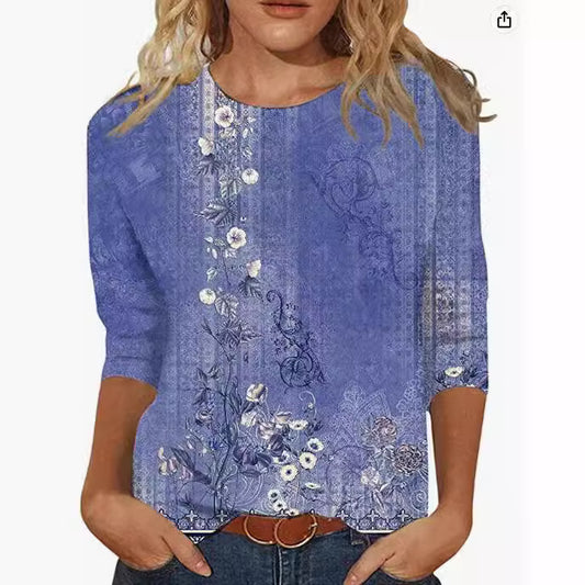Women's Top Three-quarter Sleeve Summer Ethnic Floral Slim Fit Cute Top Round Neck Slim Fit Printed T-shirt