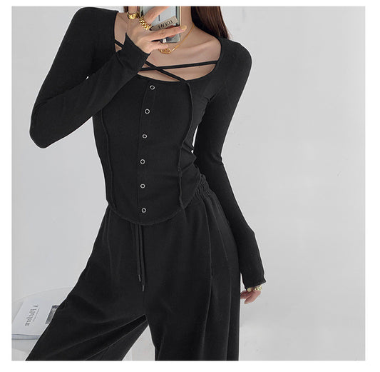 Slim Fit Slimming Sense Of Design Niche Cross Long Sleeves Round Neck Bottoming Shirt Top