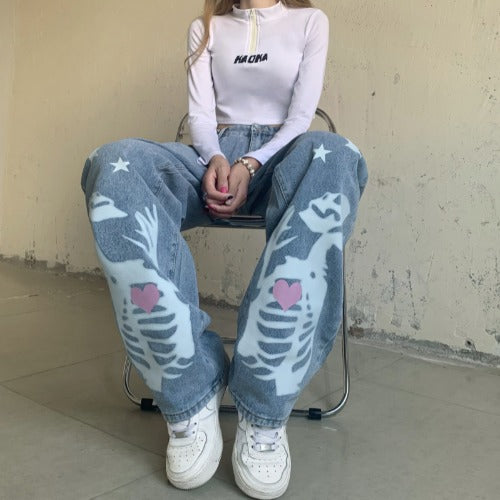 Skull Pentagram Creative High Waist Adjustable Button Loose Straight Mop Jeans