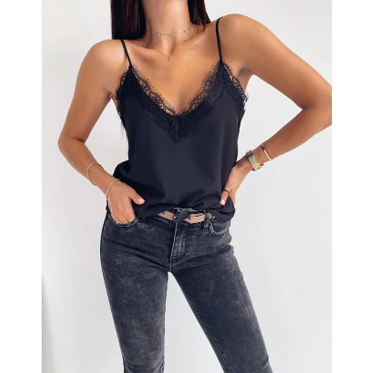 V-neck Lace-trimmed Solid-color Sexy Figure-hugging Womens Camisole