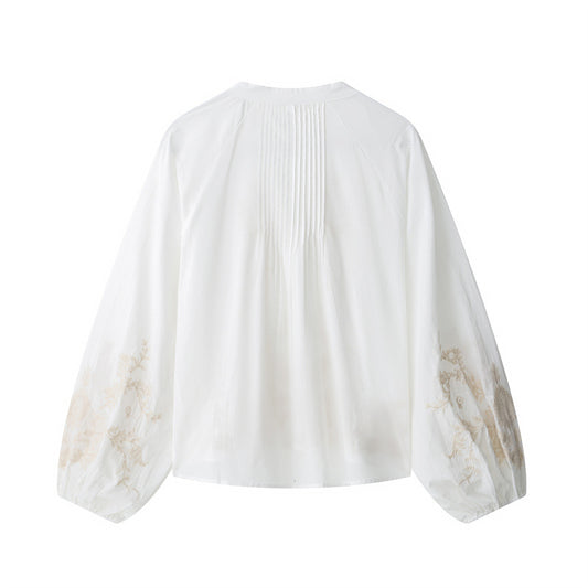 Ethnic Floral Positioning Embroidered Flower Long Sleeve Shirt