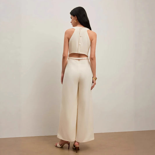 Women's Solid Color And V-neck Sleeveless Fashion Casual Jumpsuit