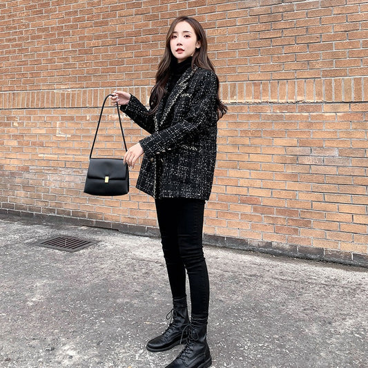 Womens Loose Fit Plaid Wool Coat