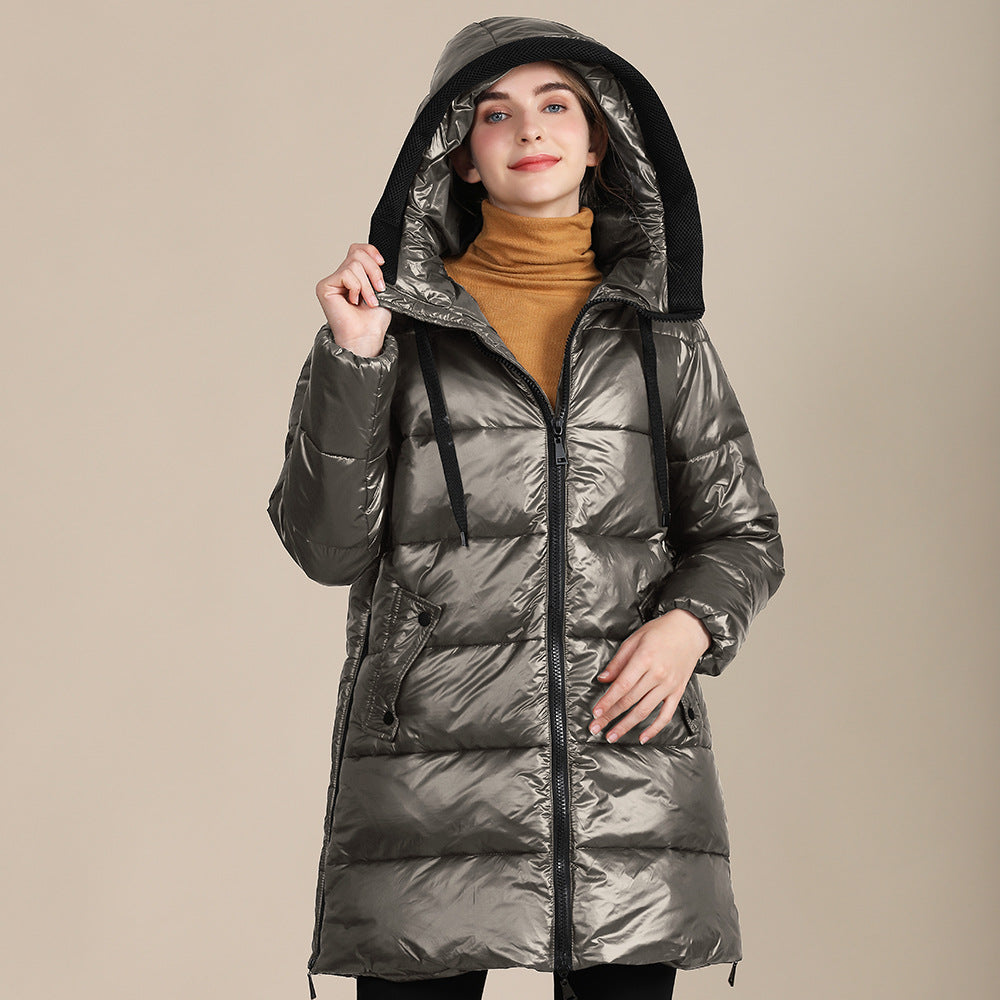 Dames Gewatteerde Nylon Glanzende Brood Hoodie Winterjas