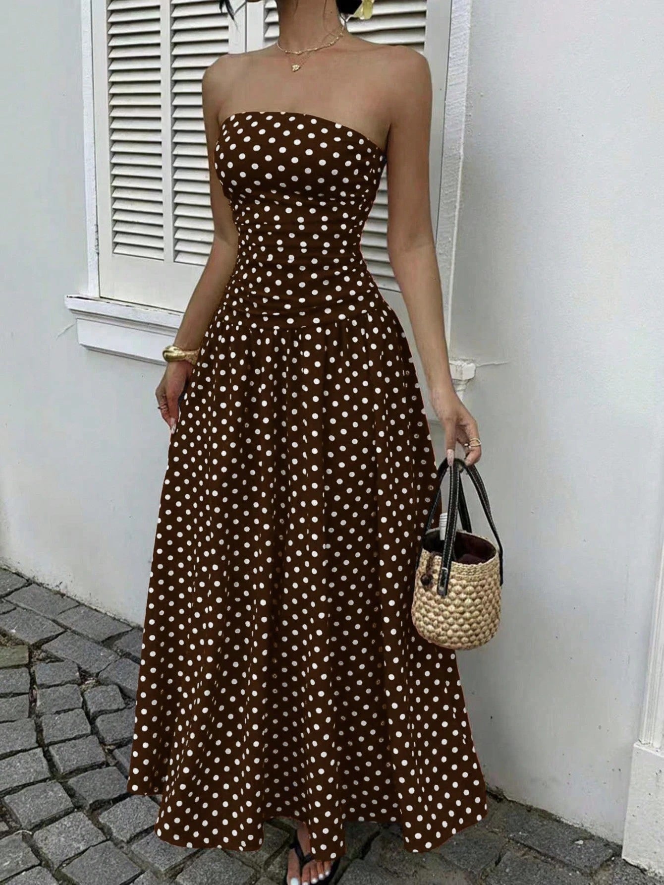 Elegante Prikkede Off-shoulder Kjoler Ensfarvede Stropløse Dame Højtaljede Robe Pendlerfest Forretning Strand Ferie Outfit