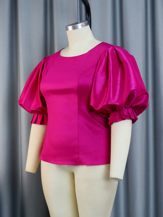 Summer Satin Lantern Sleeve Waist-controlled Top