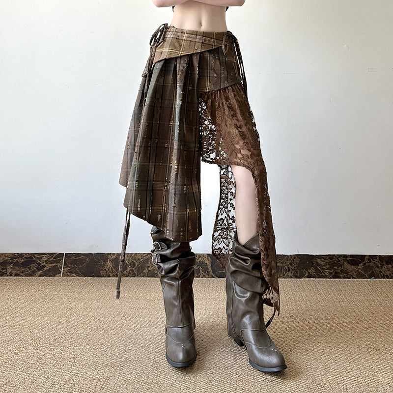 Irregular Design Plaid Stitching Lace Skirt