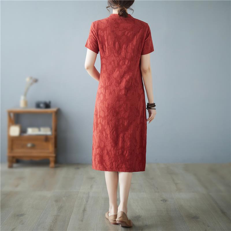 Retro Chinese-style Stand-collar Dress With A Slimming Elegant Design And Short Sleeves