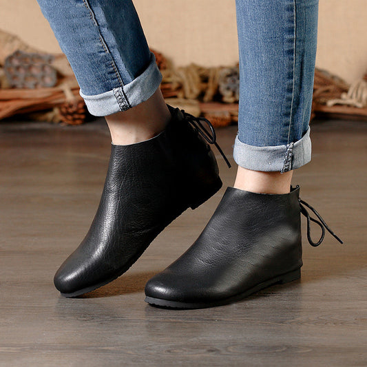 Handmade Leather Short Boots Women's Soft Leather Temperament Nude Boots Retro Flat-bottomed Plus Velvet Women's Boots