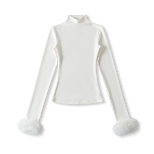 Winter Detachable Furry-sleeve Mock-neck Long-sleeve Pullover T-shirt