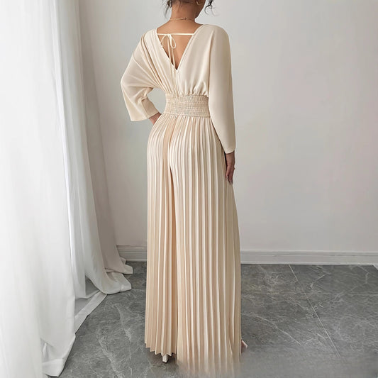 Stilfuld V-hals Højtaljet Ensfarvet Sexet Plisseret Jumpsuit