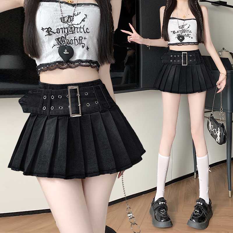 High-waisted Ultra-short Denim American Retro Bad-girl Style Sexy A-line Pleated Skirt