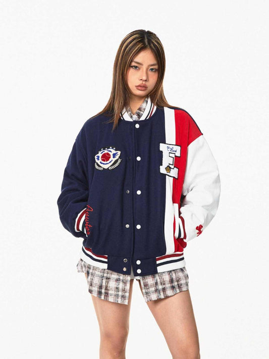 BLACKBBAmerican Color Contrast Patchwork Retro Baseball Uniform Jacket Coat