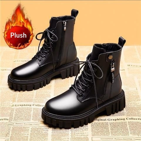 Womens Black Chunky-Soled Ankle Boots With Side Zipper