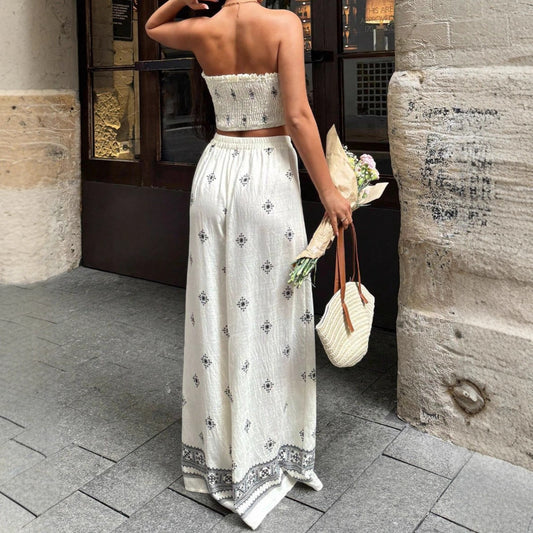 Bohemian Ice-silk Linen Tube Top And Wide-leg Pants