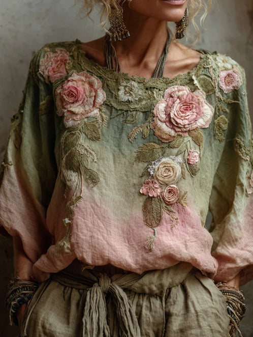 Vintage Roses Gradient Linen Blouses