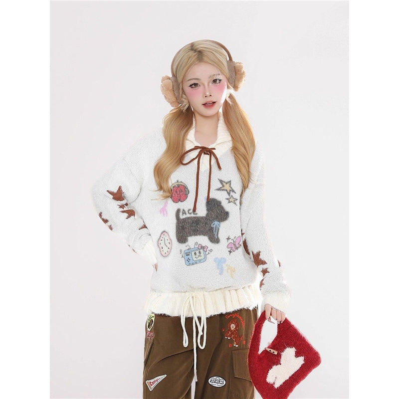 Sweet Puppy Embroidery Sweater Coat For Women Relaxed-Style Knitted Top