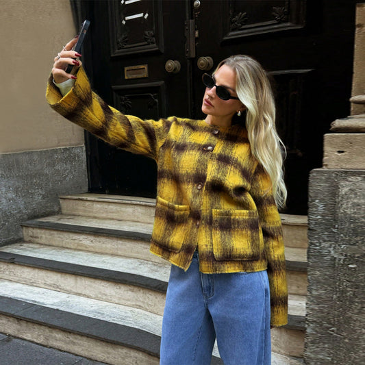 Women's Plaid Single-breasted Long Sleeve Round Neck Coat