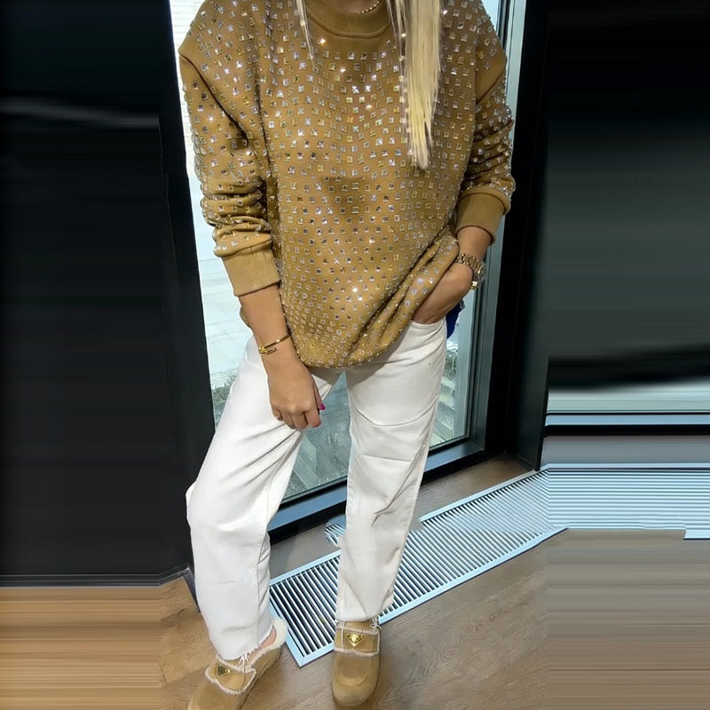 Loose-fitting Long-sleeve Top With Rhinestone Detailing