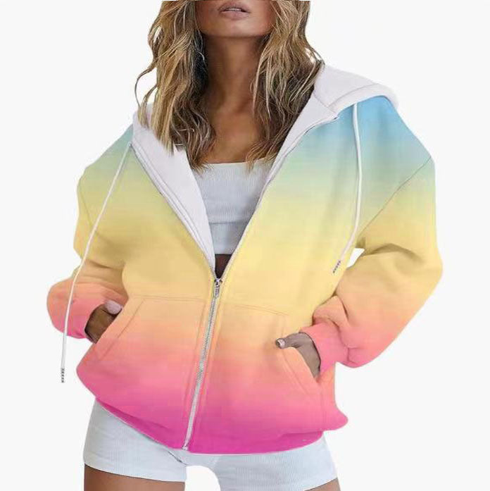 Gradient 3D Digitalprint Casual Langærmet Lynlås Hættetrøje Sweater Til Kvinder