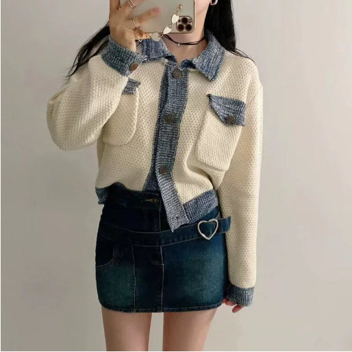 Color-contrasting Stripe Mixed Color Knitted Cardigan Women's Coat