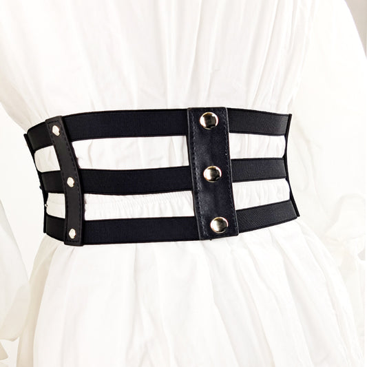 Women's Super Wide Belt Hollow Rivet Decorated Elastic Waist