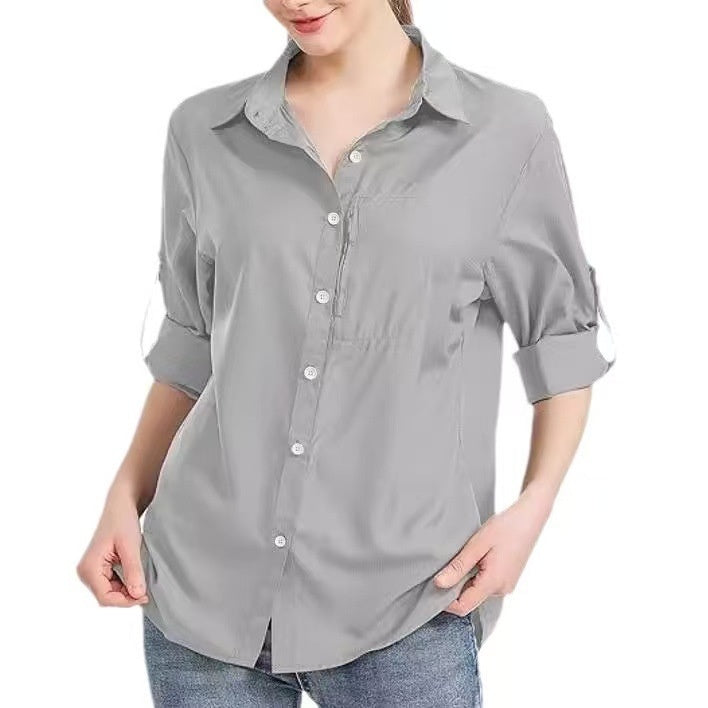 Women's Solid Color Business Lapel Zipper Pocket Long Sleeve Shirt